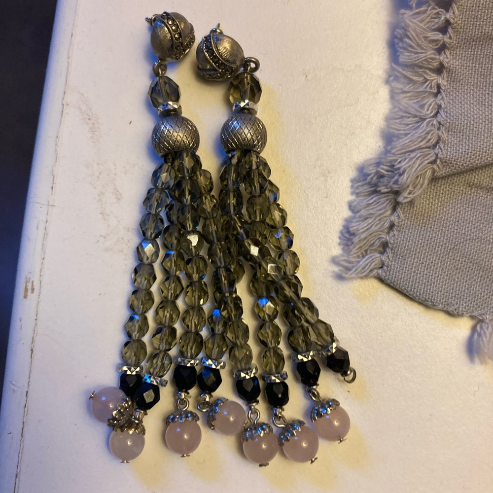 Vintage Tassel Drop Earrings in Smoky Gray and Blush